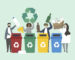 People sorting garbage into recycle bins illustration